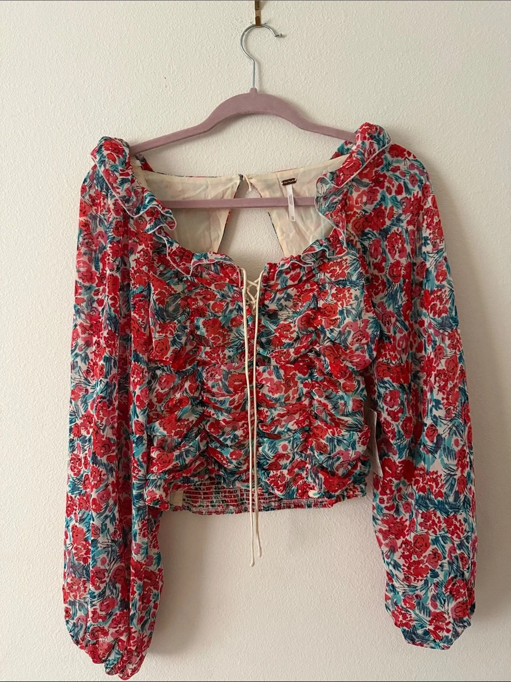 Free People Floral Ruffle Tie-Front Blouse - Red/Teal
